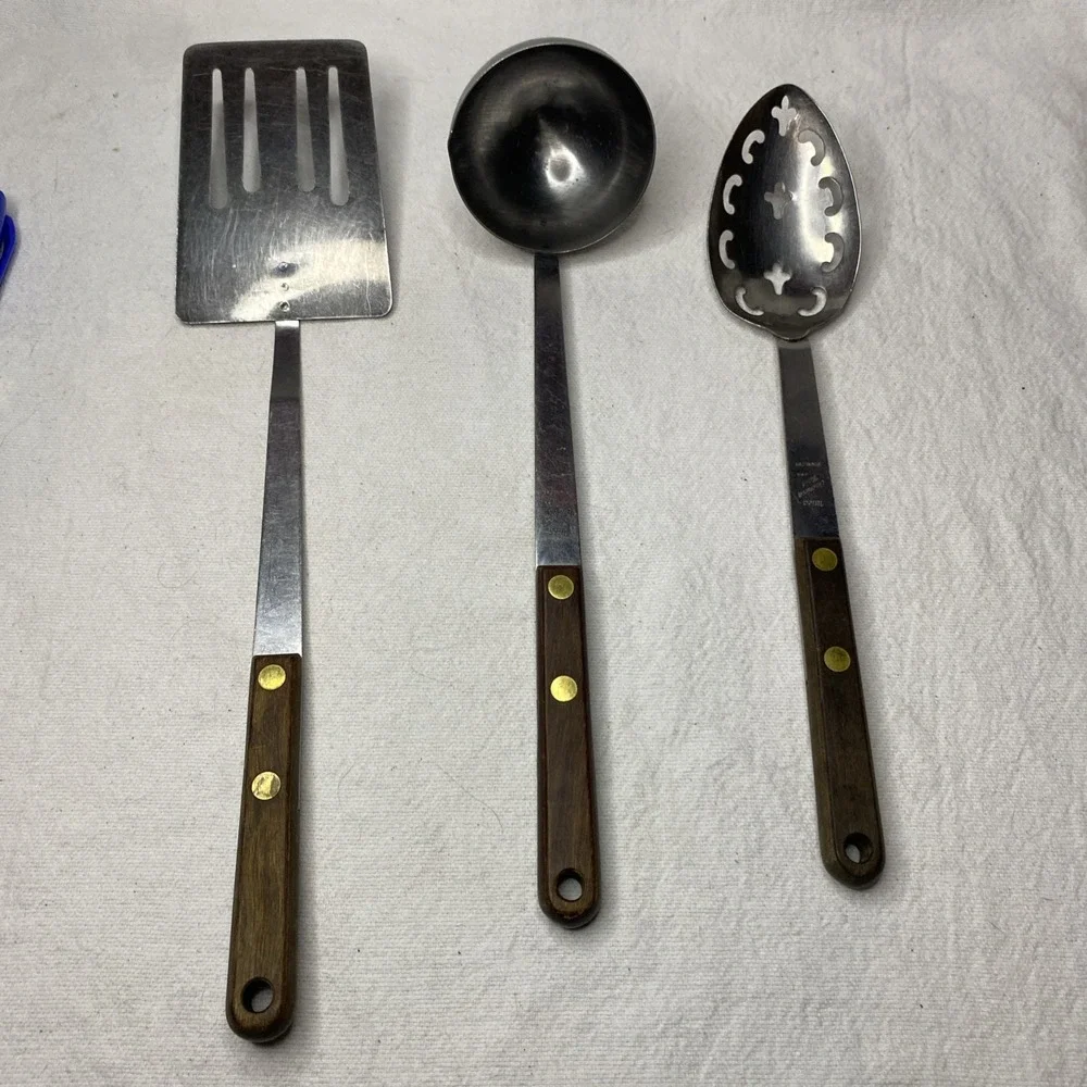Lot Of Vintage Utica Slotted Spoon, Ladle And Spatula Wooden Handles Please Read